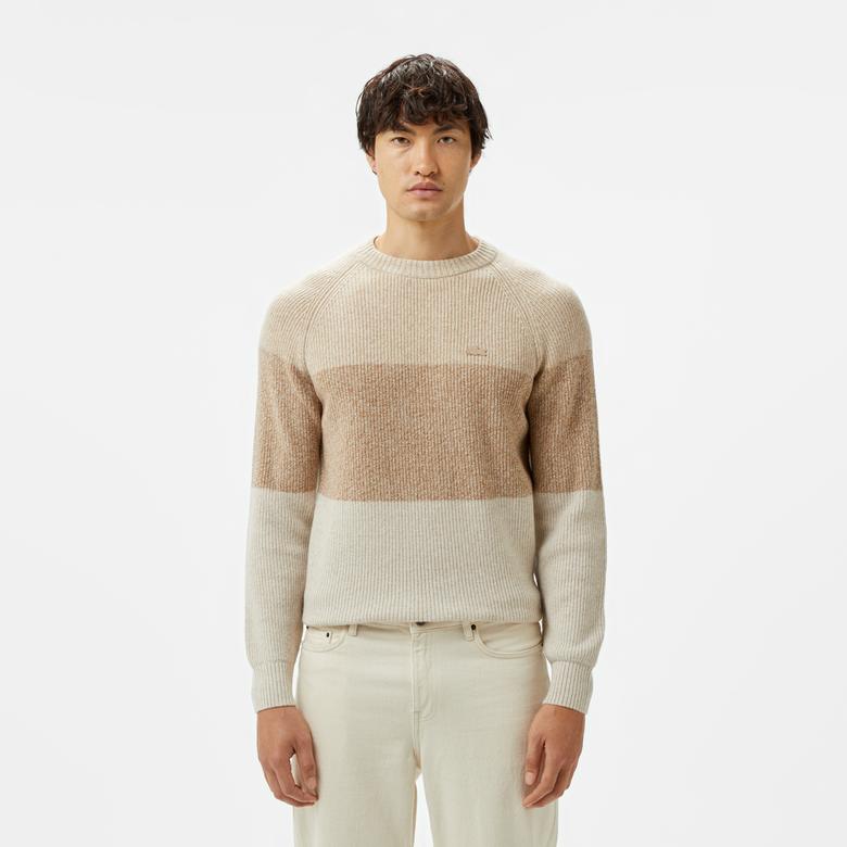 Lacoste Erkek Relaxed Fit Bisiklet Yaka Renk Bloklu Bej Kazak