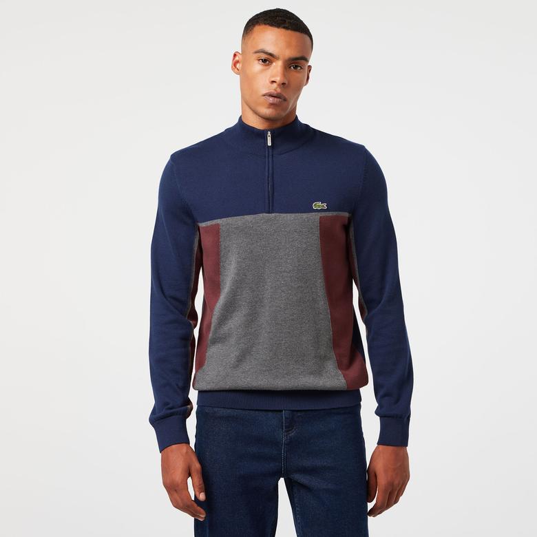 Lacoste Erkek Relaxed Fit Yarım Fermuarlı Renk Bloklu Lacivert Kazak