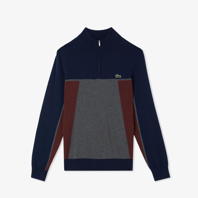 Lacoste Erkek Relaxed Fit Yarım Fermuarlı Renk Bloklu Lacivert Kazak