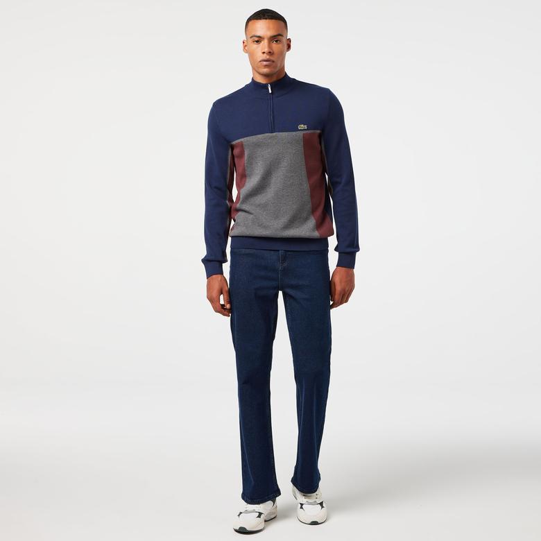 Lacoste Erkek Relaxed Fit Yarım Fermuarlı Renk Bloklu Lacivert Kazak