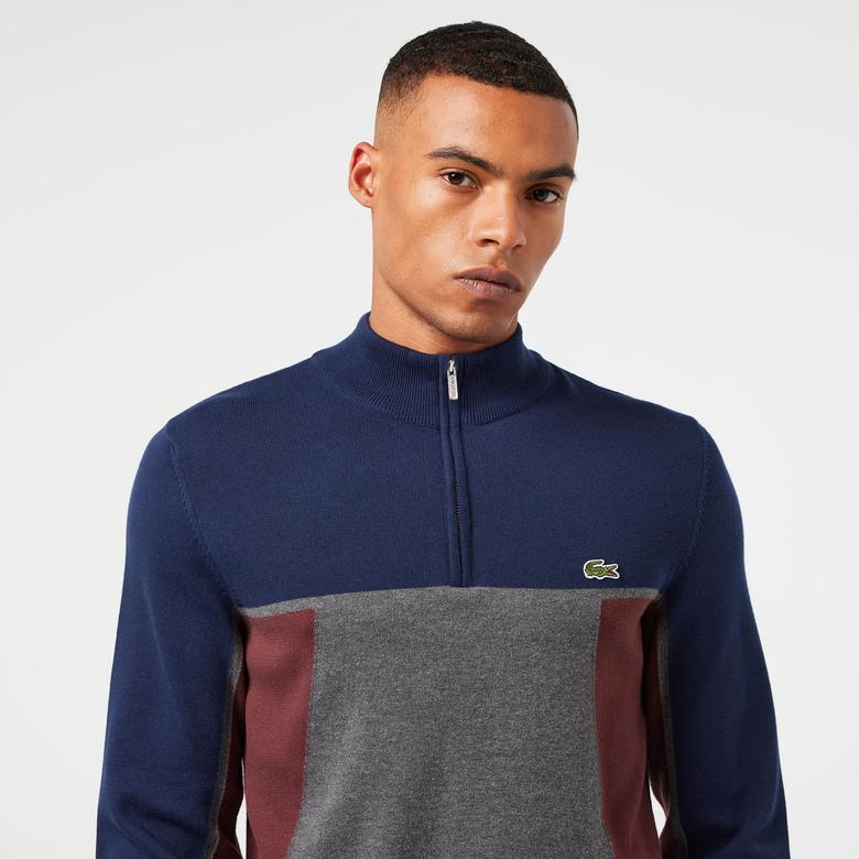 Lacoste Erkek Relaxed Fit Yarım Fermuarlı Renk Bloklu Lacivert Kazak