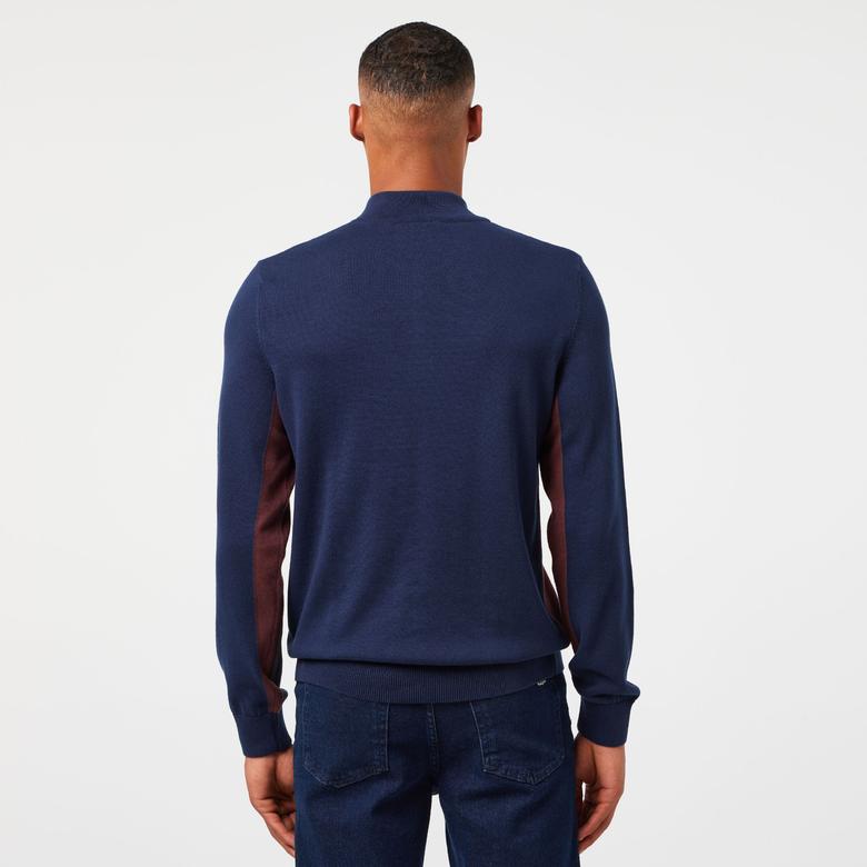 Lacoste Erkek Relaxed Fit Yarım Fermuarlı Renk Bloklu Lacivert Kazak
