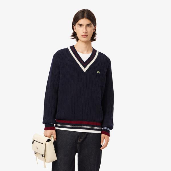Lacoste Erkek Classic Fit V Yaka Yün Lacivert Kazak