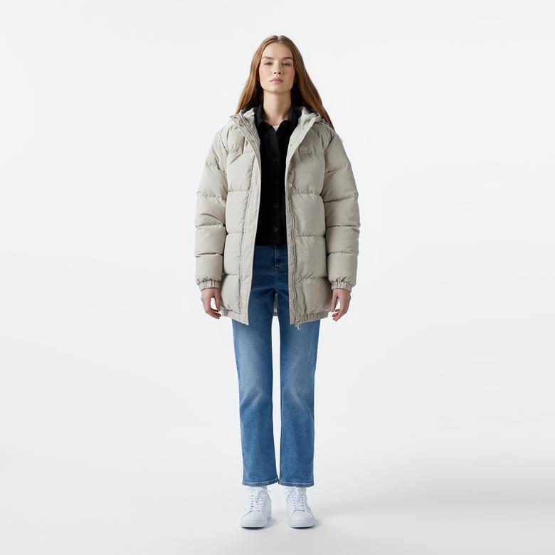 Lacoste Kadın Relaxed Fit Kapüşonlu Gri Şişme Mont