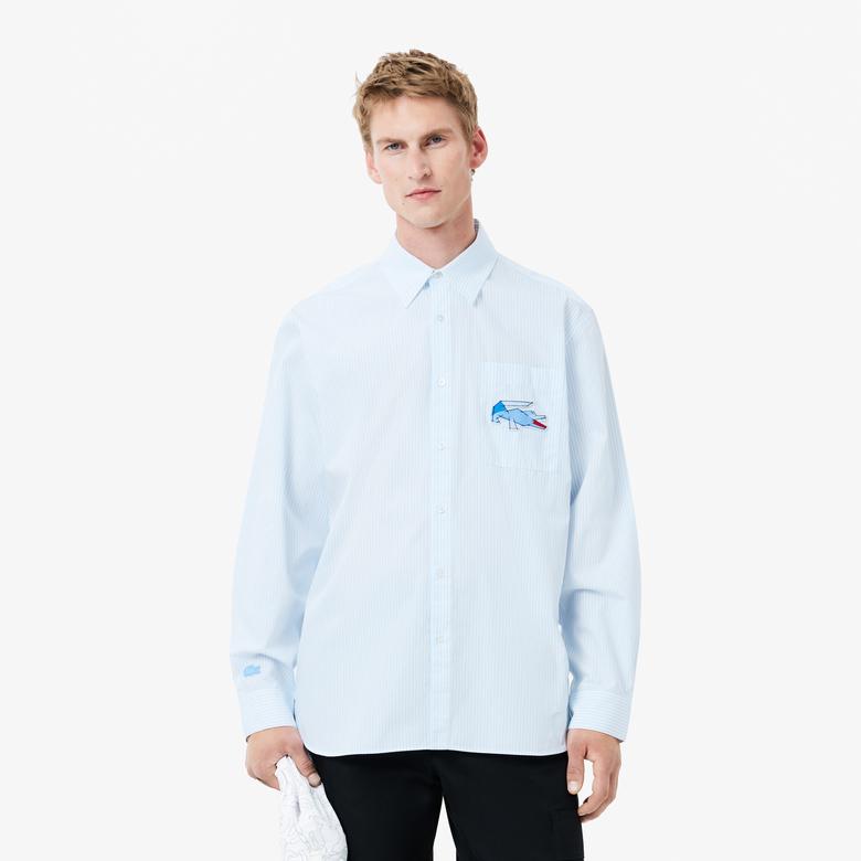 Lacoste Erkek Relaxed Fit Çizgili Mavi Gömlek
