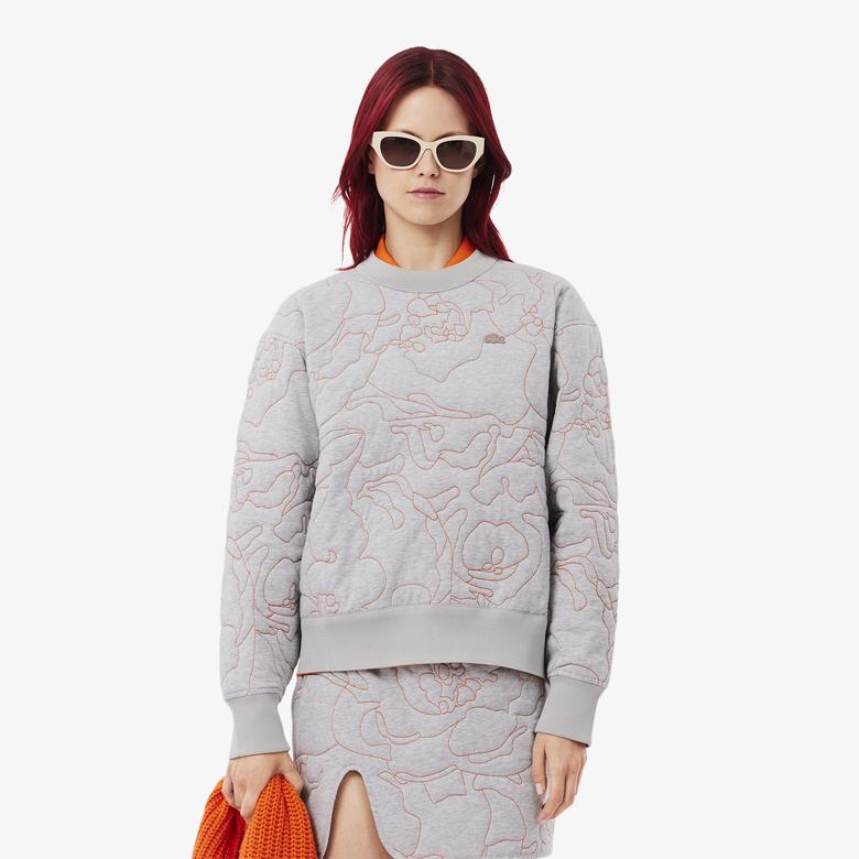 Lacoste Kadın Oversize Fit Bisiklet Yaka Çift Taraflı Desenli Gri Sweatshirt