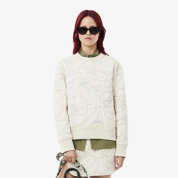 Lacoste Kadın Oversize Fit Bisiklet Yaka Çift Taraflı Desenli Krem Sweatshirt