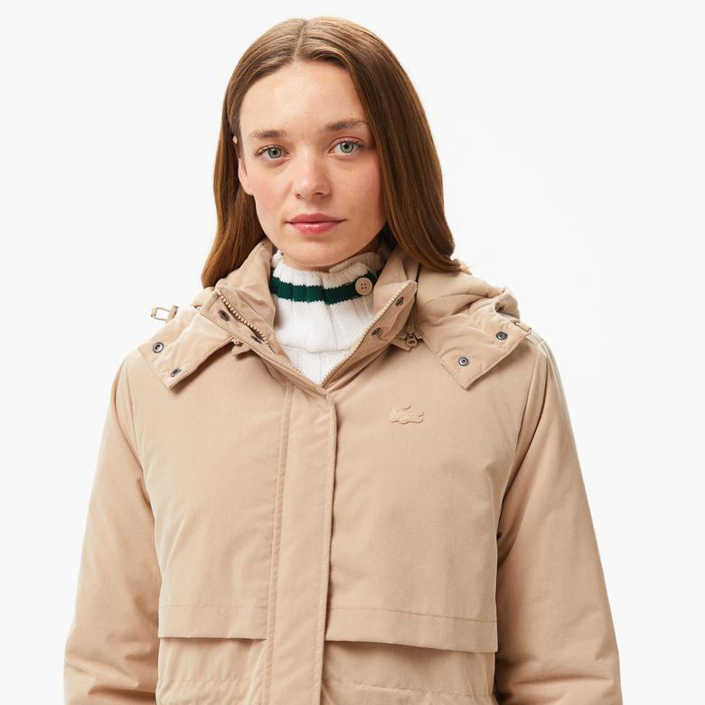 Lacoste Kadın Relaxed Fit Kapüşonlu Bej Mont