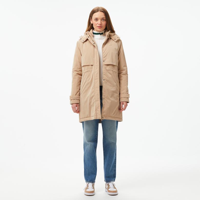 Lacoste Kadın Relaxed Fit Kapüşonlu Bej Mont