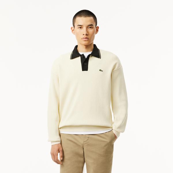 Lacoste Erkek Relaxed Fit Polo Yaka Yün Krem Kazak