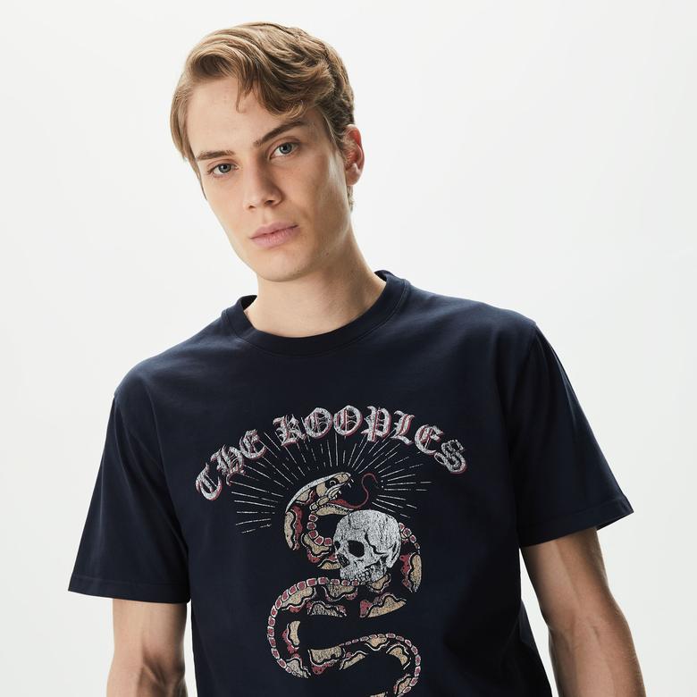 ERKEK BASKILI BİSİKLET YAKA LACİVERT T-SHIRT