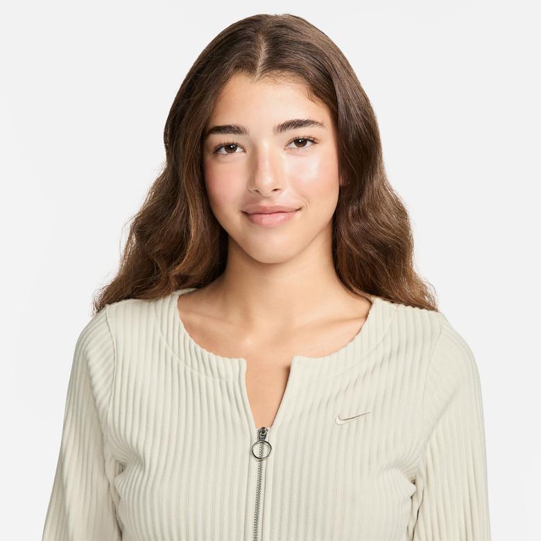 Nike Sportswear Chill Knit Full Zip Ribbed Cardigan Kadın Krem Hırka