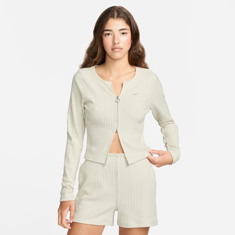 Nike Sportswear Chill Knit Full Zip Ribbed Cardigan Kadın Krem Hırka