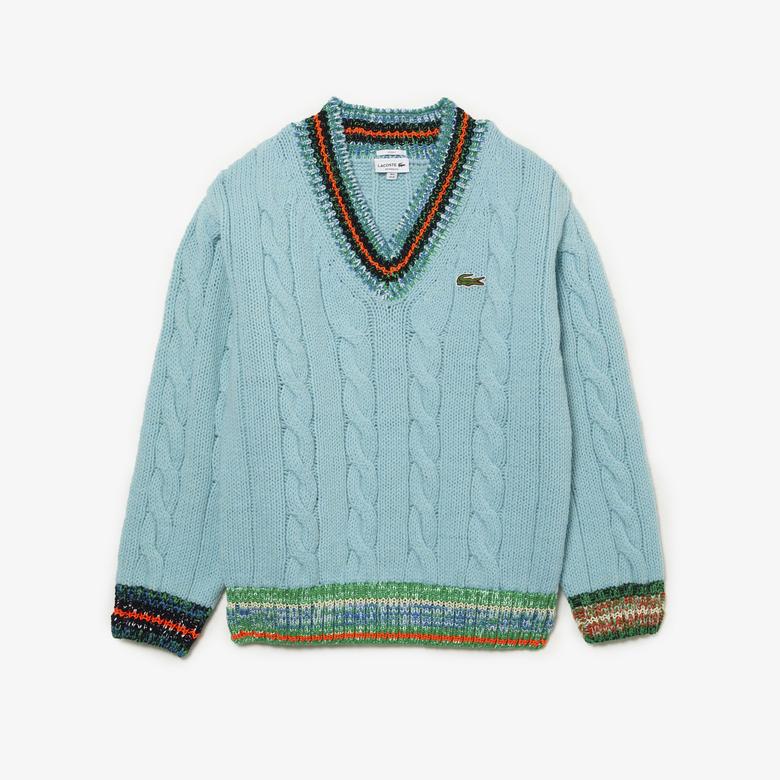 Lacoste Unisex Loose Fit V Yaka Renk Bloklu Mavi Triko