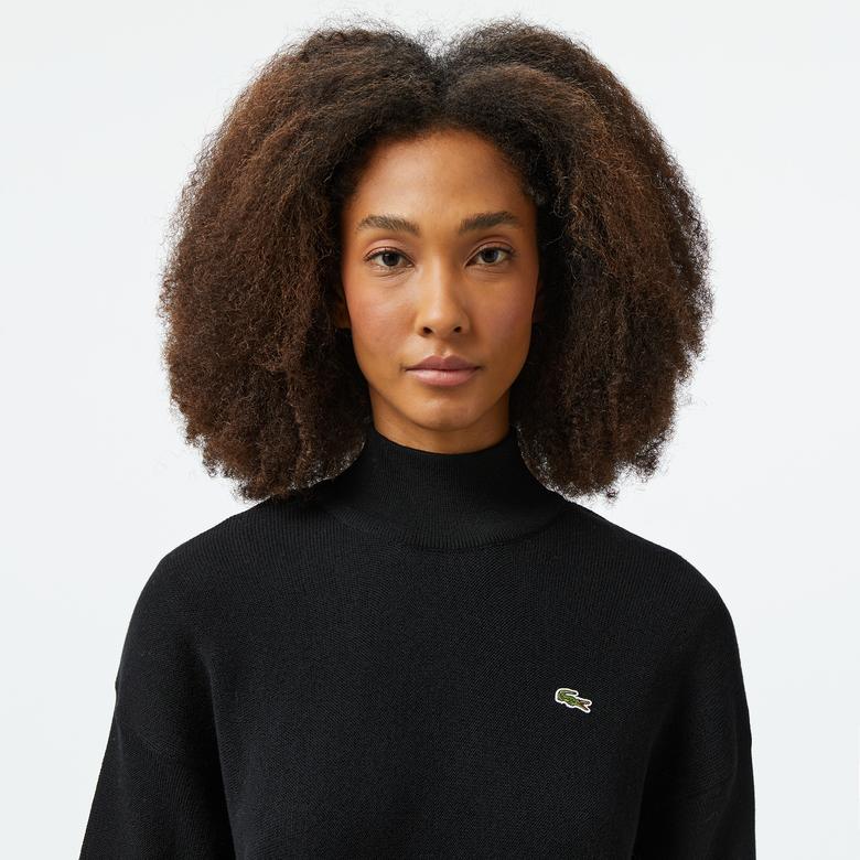 Lacoste Kadın Relaxed Fit Dik Yaka Yün Siyah Triko