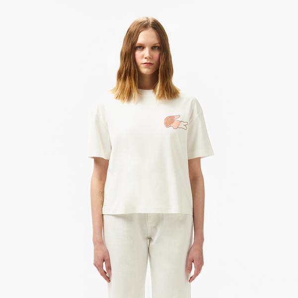 Lacoste Bisiklet Yaka Baskılı Kadın Beyaz T-Shirt
