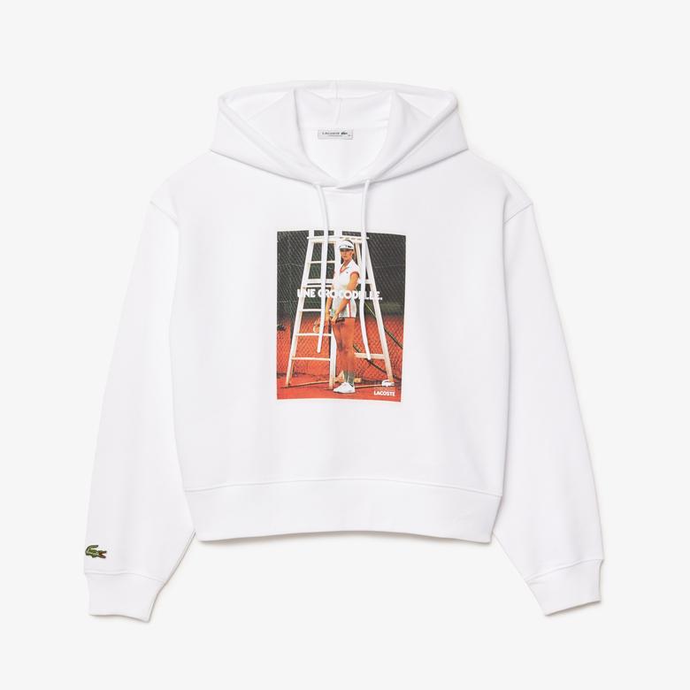 Lacoste Kadın Kapüşonlu Baskılı Beyaz Sweatshirt