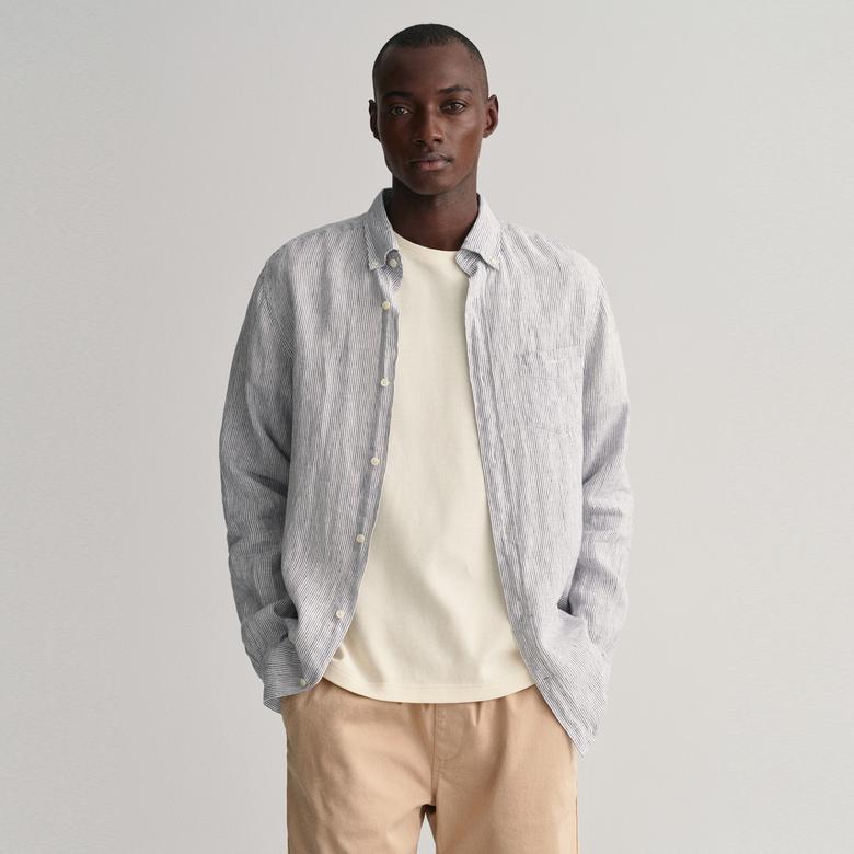GANT Erkek Beyaz Regular Fit Çizgili Keten Gömlek