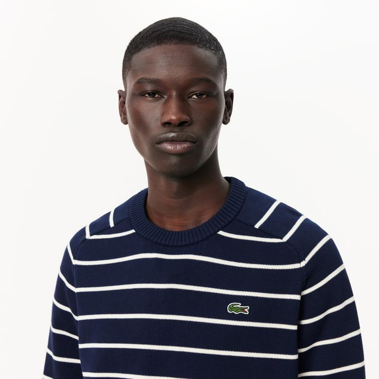 Lacoste Erkek Regular Fit Bisiklet Yaka Çizgili Lacivert Triko