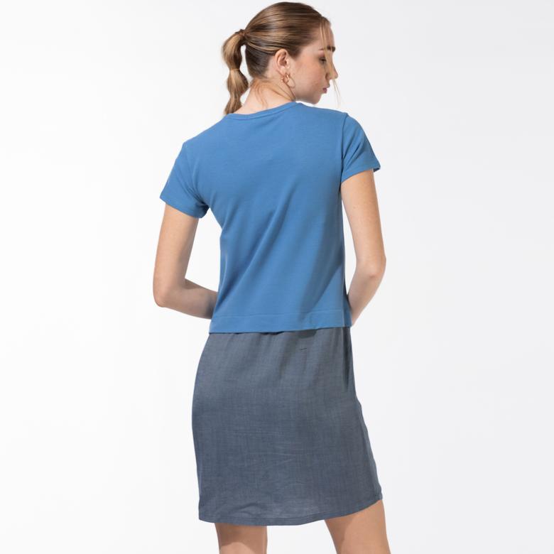 Lacoste Kadın Kısa Kollu Bisiklet Yaka Renk Bloklu Mavi Elbise